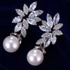 Silver Flower Zirconia Pearl Dangle Earrings for Women