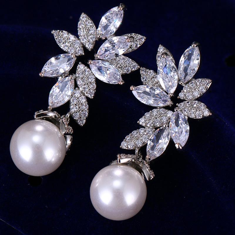 Silver Flower Zirconia Pearl Dangle Earrings for Women