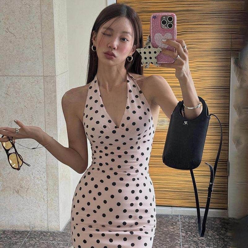 2025 Summer New Women's Fashion Hot Girl Sexy Black Polka Dot Print Versatile Backless V-Neck Halter Neck Tight Tank Top