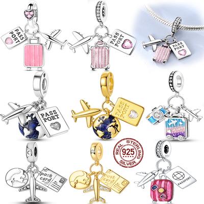 925 Silver Plane Passport Suitcase Pendant Charms Jewelry Fit Original Bracelet For Women DIY Gift