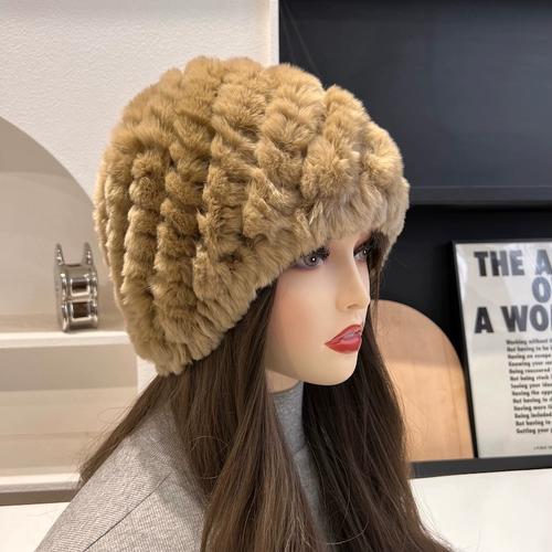 Real Rex Rabbit Hair Hat Women's Thickened Hair Hat Fur Cold Warm Ear Protection Plush Knitted Hat Baotou Hat Autumn and Winter