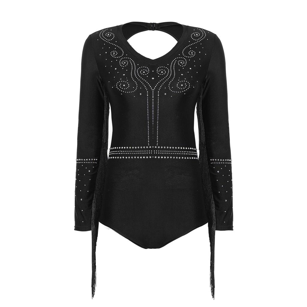 Womens Latin Dance Costume Shiny Rhinestone Tassel Leotard V Neck Long Sleeve Cutout Back Bodysuit for Tango