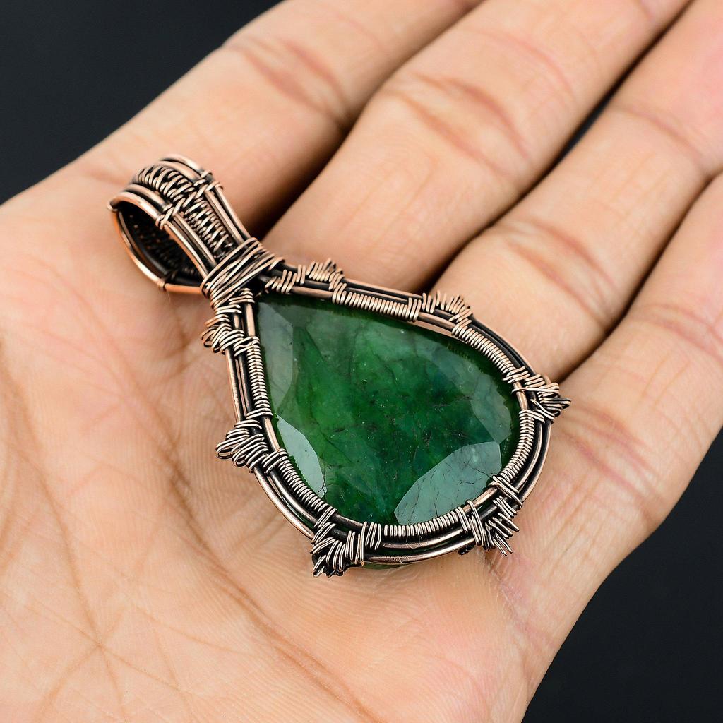 Emerald Pendant, 999 Copper Wire Wrapped Pendant Gemstone Jewelry, Handmade Pendant Amazing Jewelry, Gift For Her