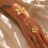 Adjustable Gold Chain Bracelet Flower Hand Link with Finger Ring for Matte Gilt Women Women, Hibiscus Flowers O Bracelet, Floral Fairy Jewelry