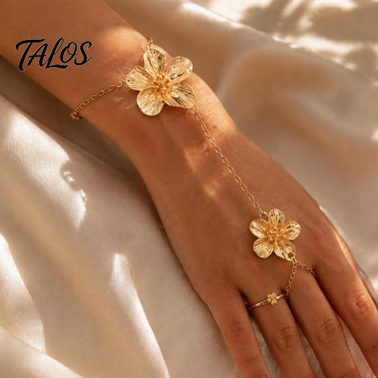 Adjustable Gold Chain Bracelet Flower Hand Link with Finger Ring for Matte Gilt Women Women, Hibiscus Flowers O Bracelet, Floral Fairy Jewelry