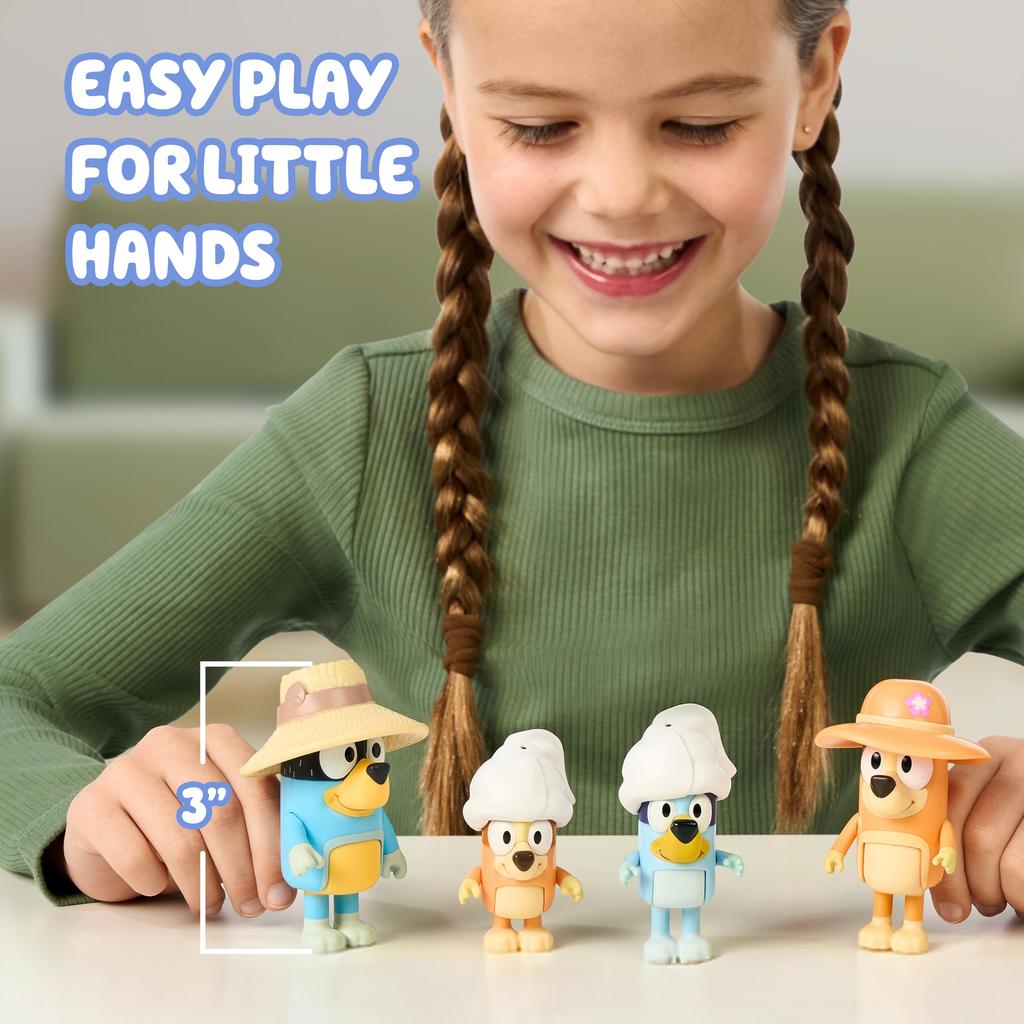 Bluey Figures 4-Pack Family Vacation 6.3cm Poseable Figures of Bluey, Bingo, Bandit, and Chili