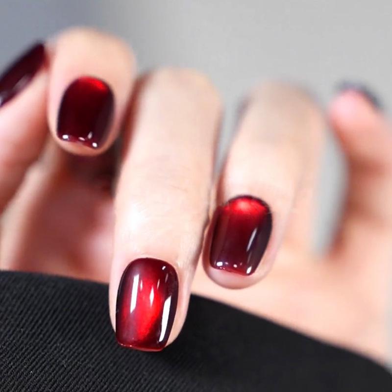 

Вишнево-красные наклейки для ногтей «кошачий глаз» - Ручная работа, осенне-зимние типсы для ногтей Glue Type