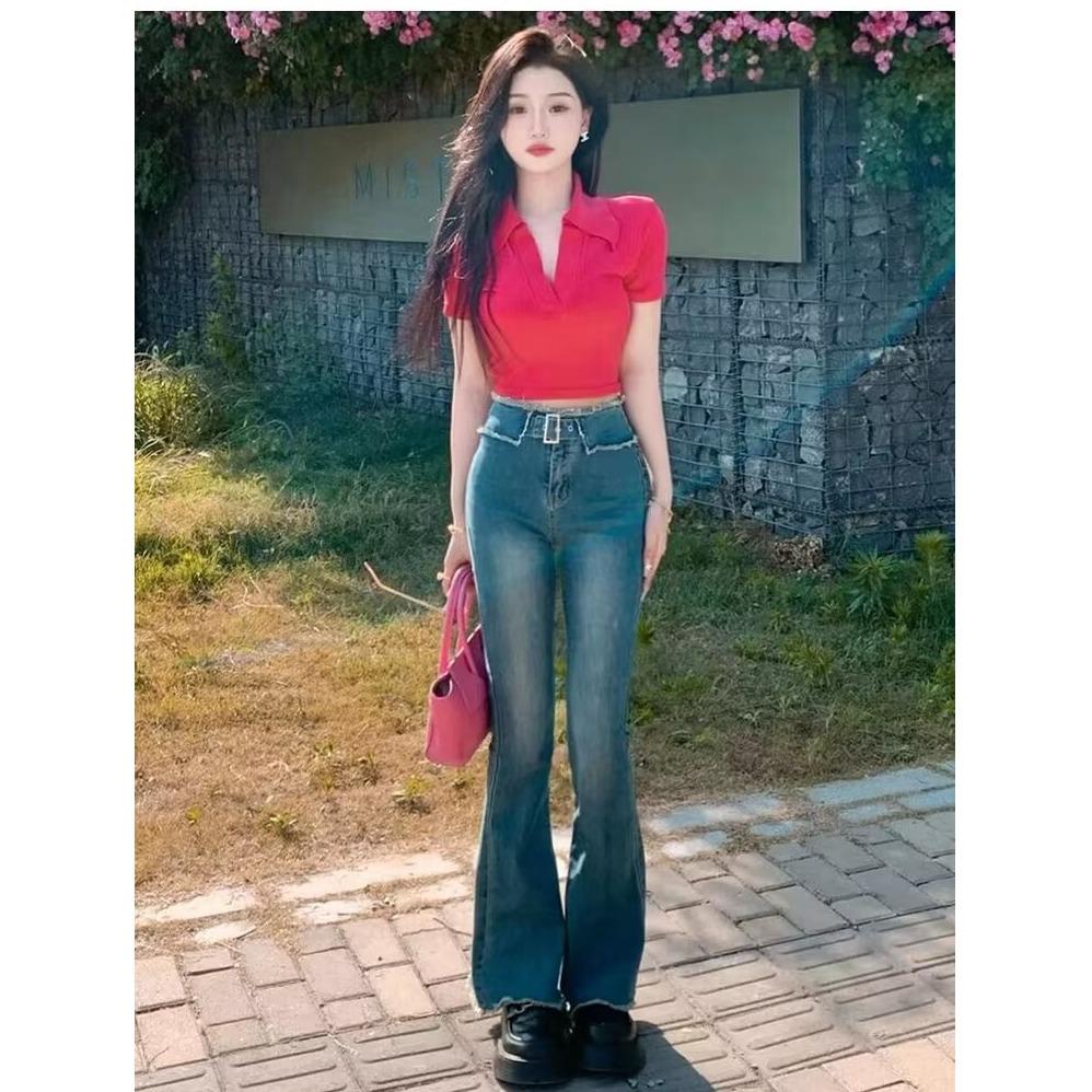 

Женские джинсы клеш с необработанным краем и высокой посадкой - Стройнящие, модные микро-клеш брюки для осени M синий