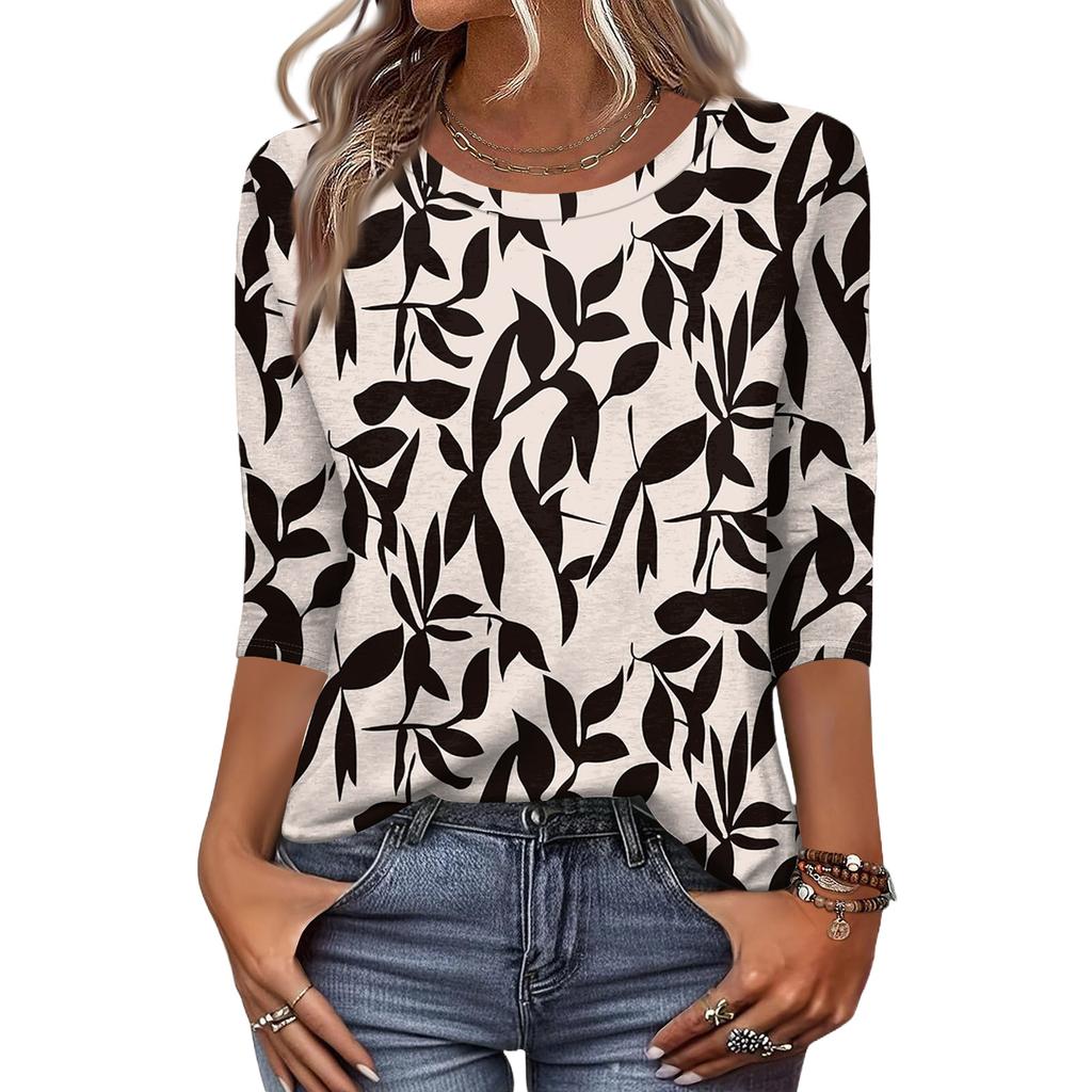 Women's Fashion Casual Three-Quarter Sleeve Floral Print Round Neck Top