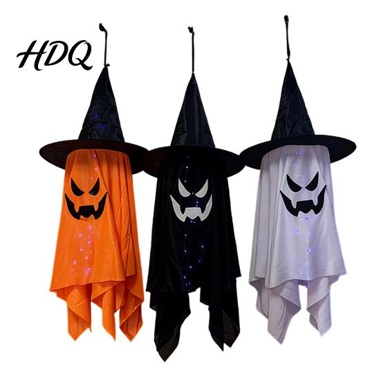 Lighted Ghost Wizard Pendant for Yard Halloween Hanging Decor with Hat LED Light Up Outdoor Decorations Windsock Porch Yard Spooky Fabric