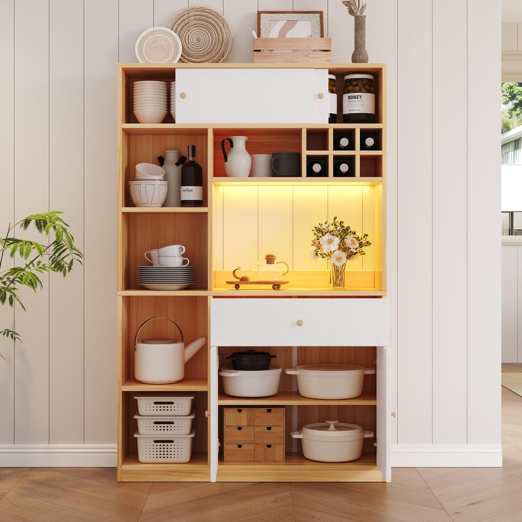 Kitchen Cabinet with LED Buffet Cabinet, with One Drawer, Three Doors and Shelves for Storing Cutlery, Large Space for Microwave. W115×D35×H180cm