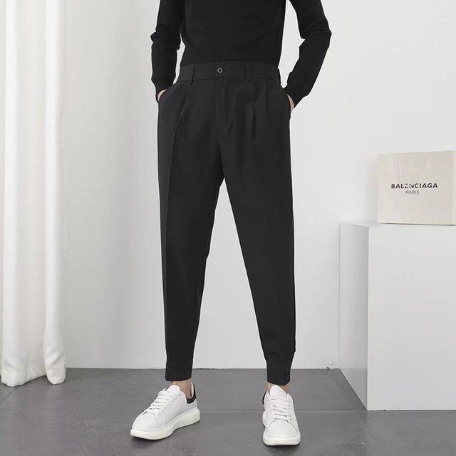 Fashion Men Casual Pants Elastic Waist Small Feet Slim Korean Style Pleated Tapered Male Blazer Pants