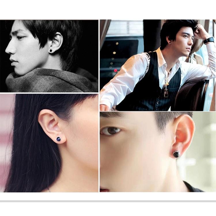 925 Sterling Silver Black Gold Sand Crystal Earrings, Korean Style Fashion Men's Studs