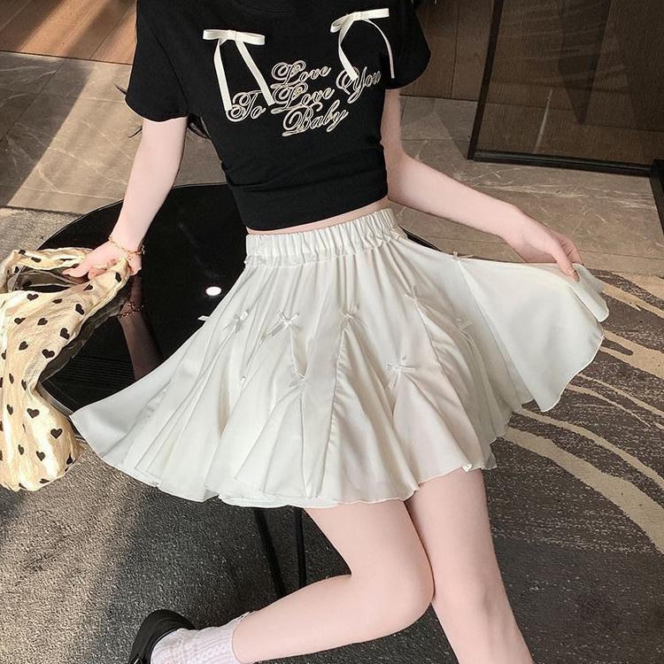 Petite Women's Summer Elastic Waist Pleated A-line Mini Skirt with Built-in Safety Shorts and Bow