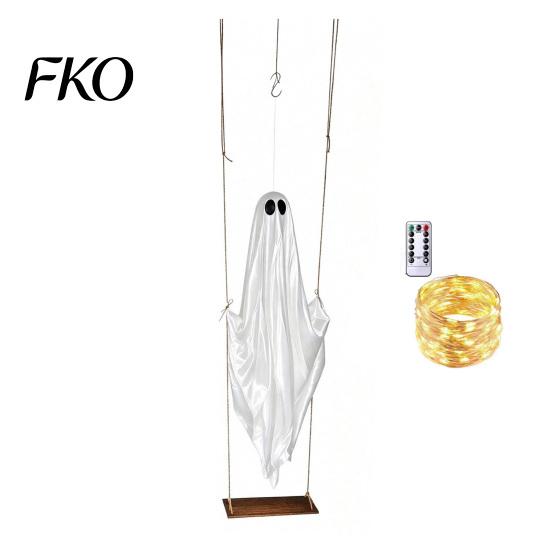 Holiday Garden Decor Hanging Swinging Ghost Halloween Decoration, LED Light Up Large Spooky Funny Yard Art with Remote Control for Outside Porch Tree,