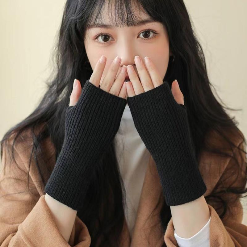 1Pair Autumn and Winter Solid Color Wool Knitted Gloves Female Open Finger Students Touch Screen Warm Gloves Thickened Knitted Wrist Guards