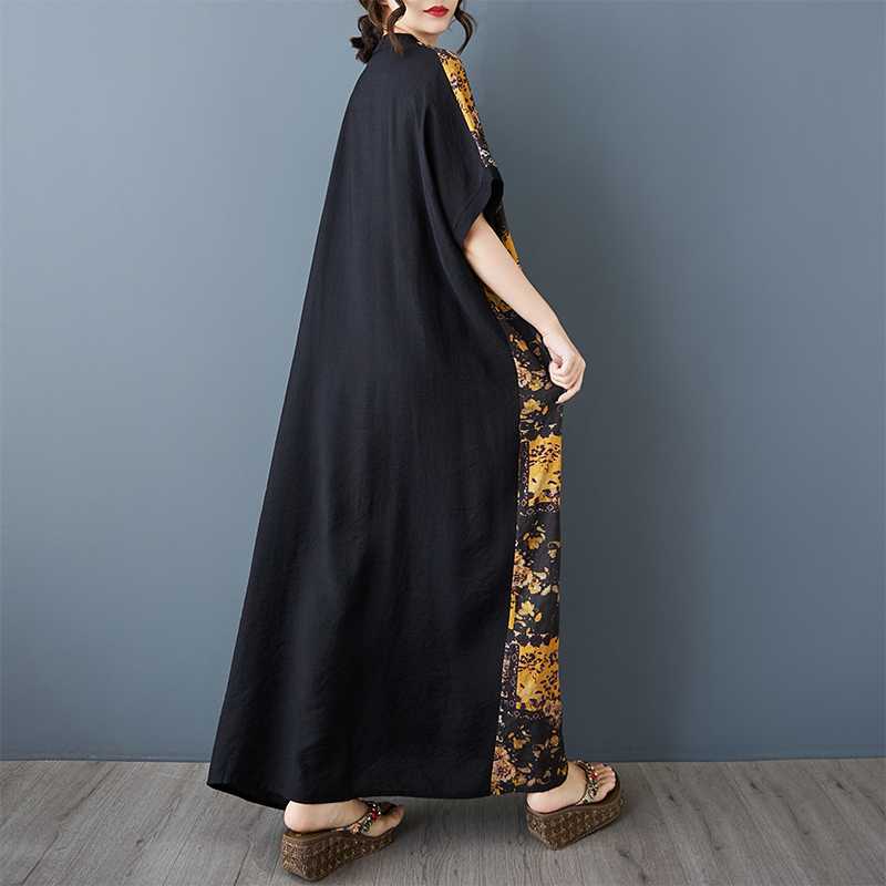 Women's Yellow Flower Spliced Black Long Dress Retro Robe