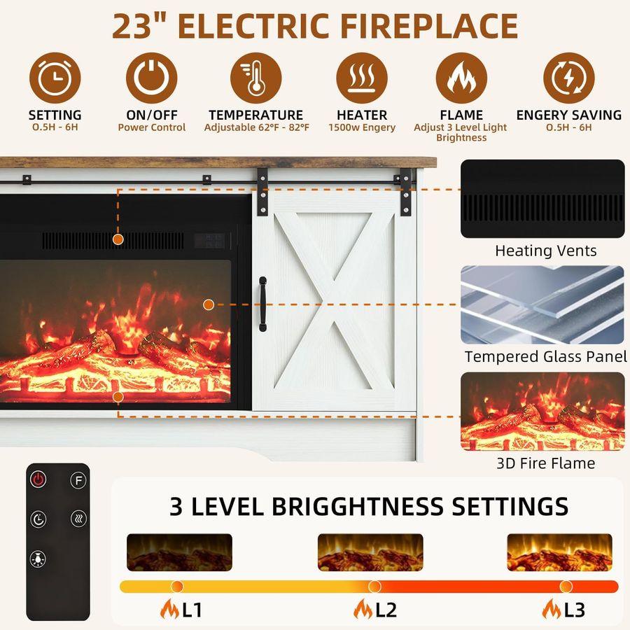 Fireplace TV Stand with Sliding Barn Door, 23 Electric Fireplace Entertainment Center with Adjustable Storage Cabinets, Farmhous