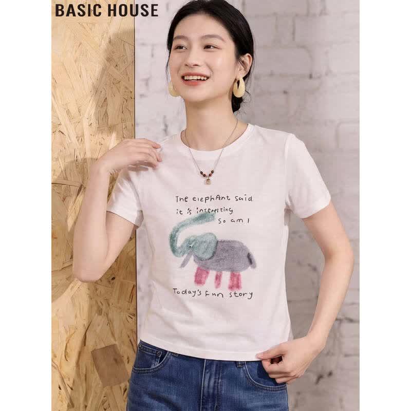 Basic House Women's Printed Round Neck Short Sleeve T-Shirt