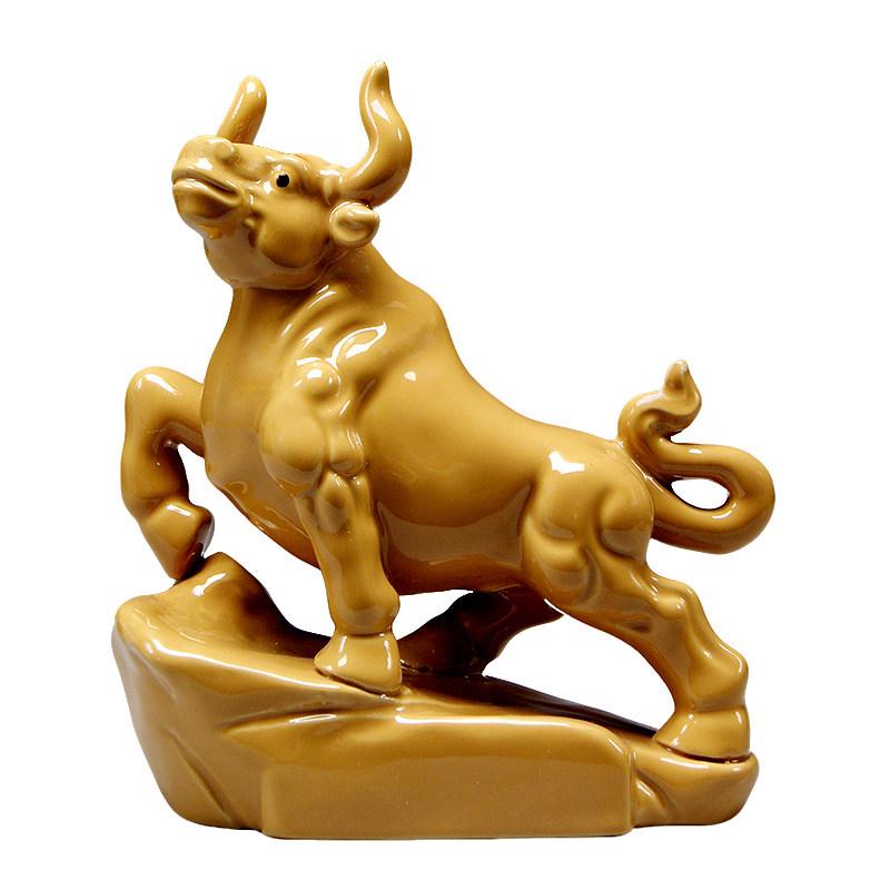 Earthy Yellow Ceramic Zodiac Ox Figurine: Soaring Spirit Auspicious Mascot for Home Relaxation
