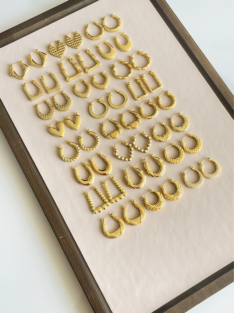 Multi-Style Vintage Waterproof 18K Gold Plated Stainless Steel Minimalist Geometric Flower Star Heart Hoop Earrings for Women