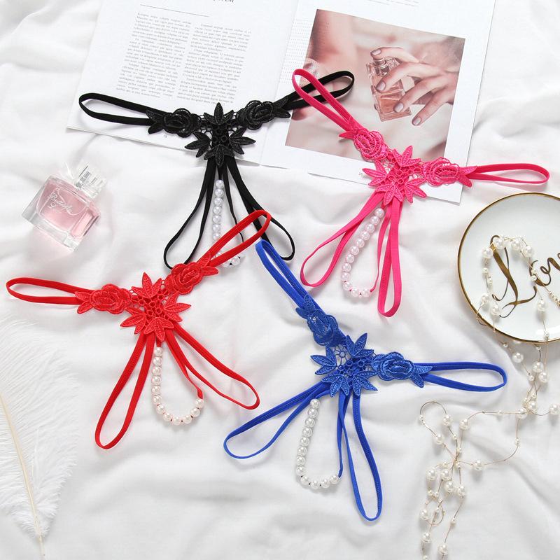 Sexy panties embroidered three-dimensional pearl women's water-soluble flower thong low-rise sexy perspective pants qqny