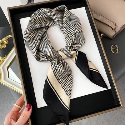 27.5" Classic Plaid Print Square Scarf Imitation Silk Neckerchief Elegant Bandana Women Head Wrap Scarves