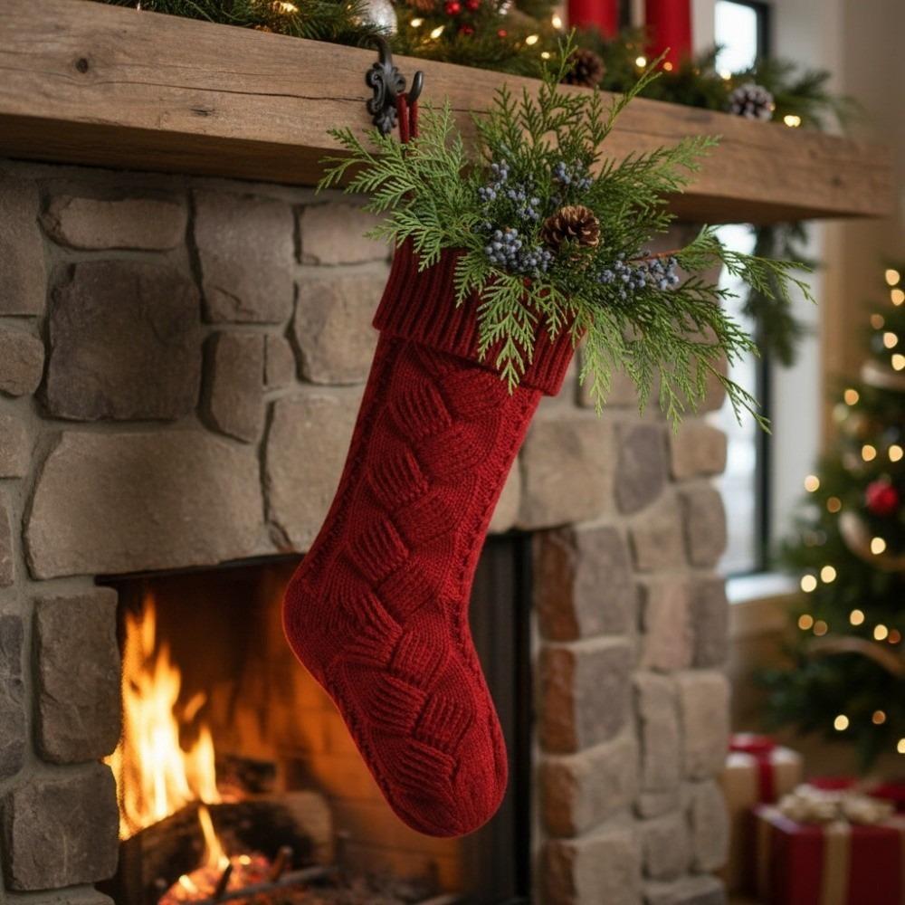 Yarn Knitted Christmas Socking Solid Color Christmas Gift Bag Xmas Tree Hanging Ornaments Holiday