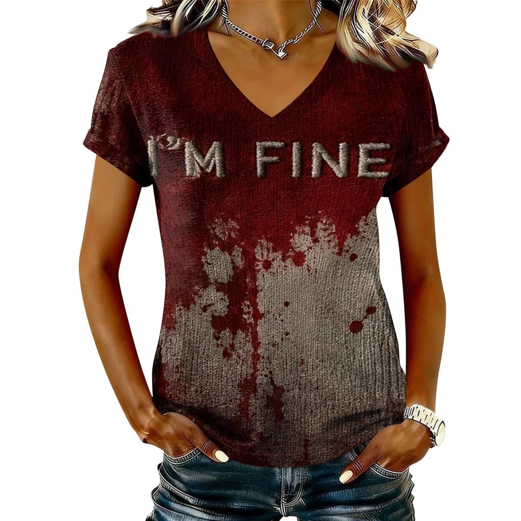 T-shirt décontracté à manches courtes et col en V pour femme avec imprimé Halloween