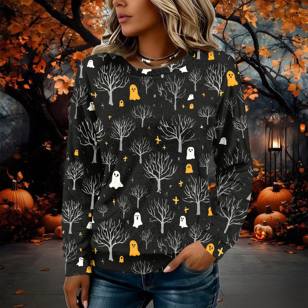 Women's Flannel Long Sleeve Top with Halloween Print Neck Pullover Shirt
