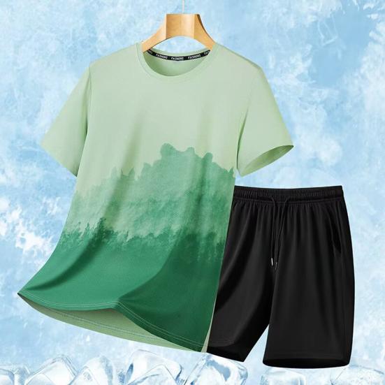 2Pcs/Set Men Summer Outfit O-neck Short Sleeve Printing T-shirt Elastic Drawstring Waist Shorts Set Loose Fit Quick Drying Sportswear