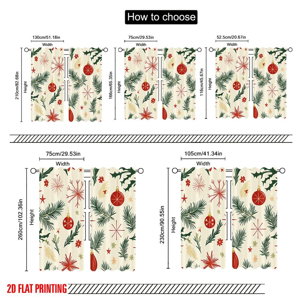 2pcs,2D Plane Printing Curtains Digital Printed Christmas Baubles Pine Branches Stars (4) 100% Polyester (without Rod) All