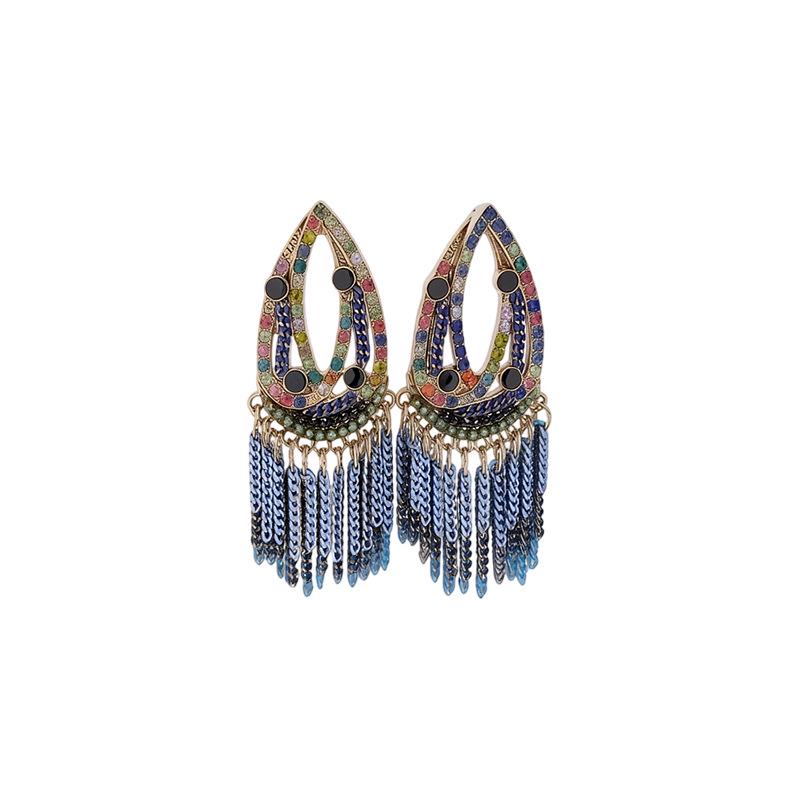 Silver Needle Ethnic Rhinestone Tassel Light Luxury Stud Earrings - Unique Niche Fashion Accessory