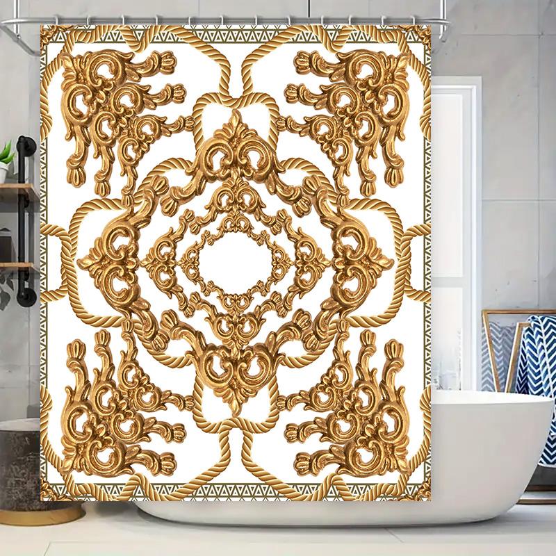 

Luxurious Floral Bath Shower Curtain With Golden Baroque Design Waterproof Fabric For Bathroom Decorations. W60H190(CM)-1 Pcs