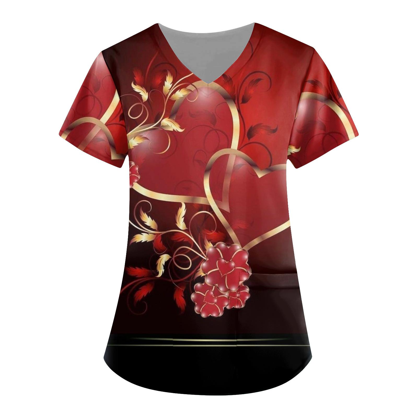 

Жіночий модний робочий одяг з V-подібним вирізом і короткими рукавами з принтованими кишенями Літні жіночі топи XL винний