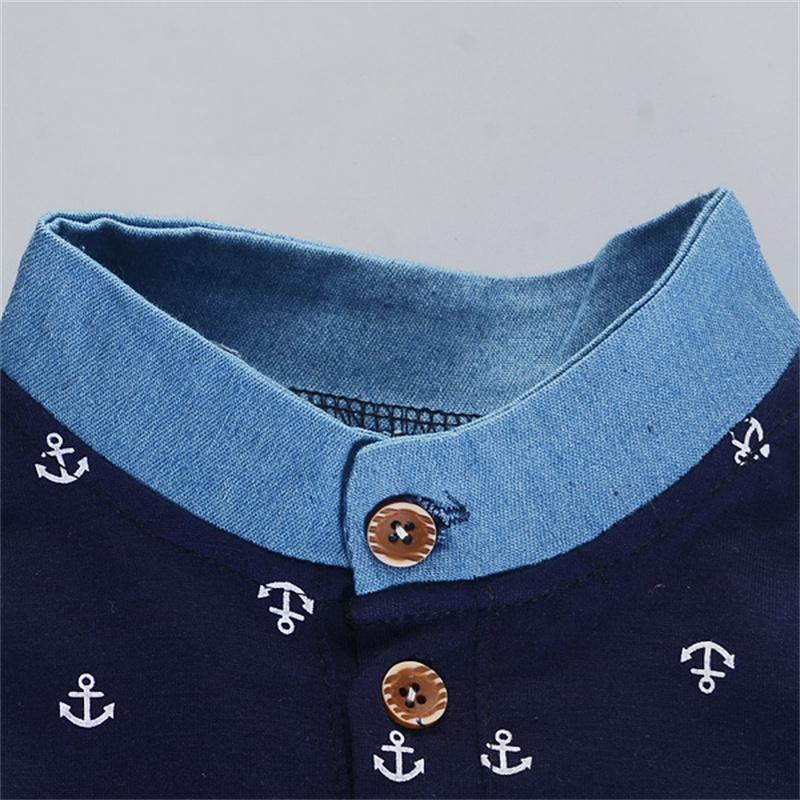 2KS Dětská souprava Letní móda Celoplošný potisk Vzor kotvy Stojáček Krátký rukáv Džínová šortková souprava