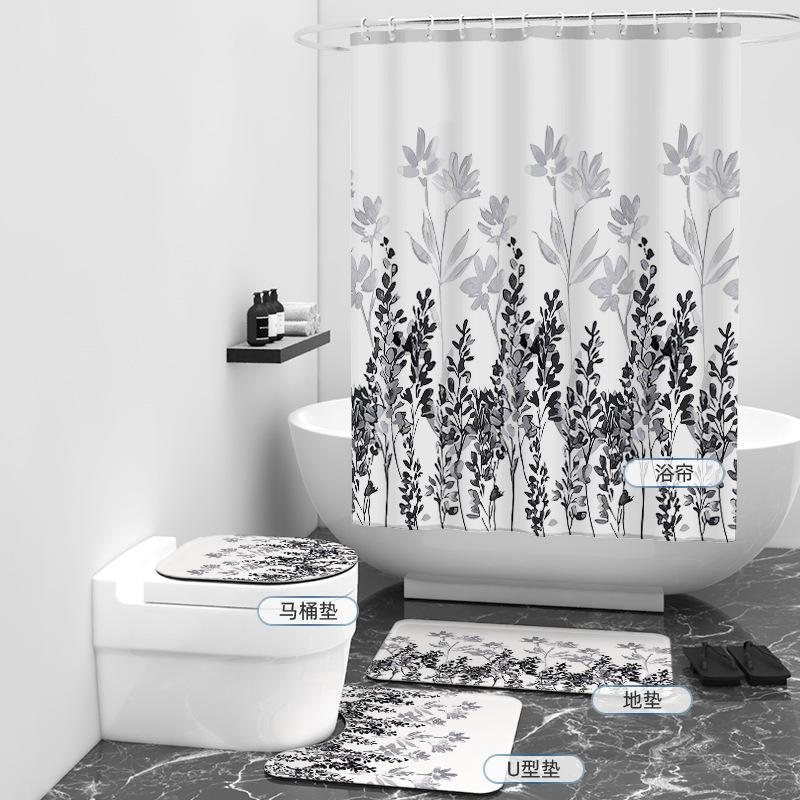 Fresh Twig Digital Printing Shower Curtain Shower Curtain Three-Piece Set Bathroom Curtain