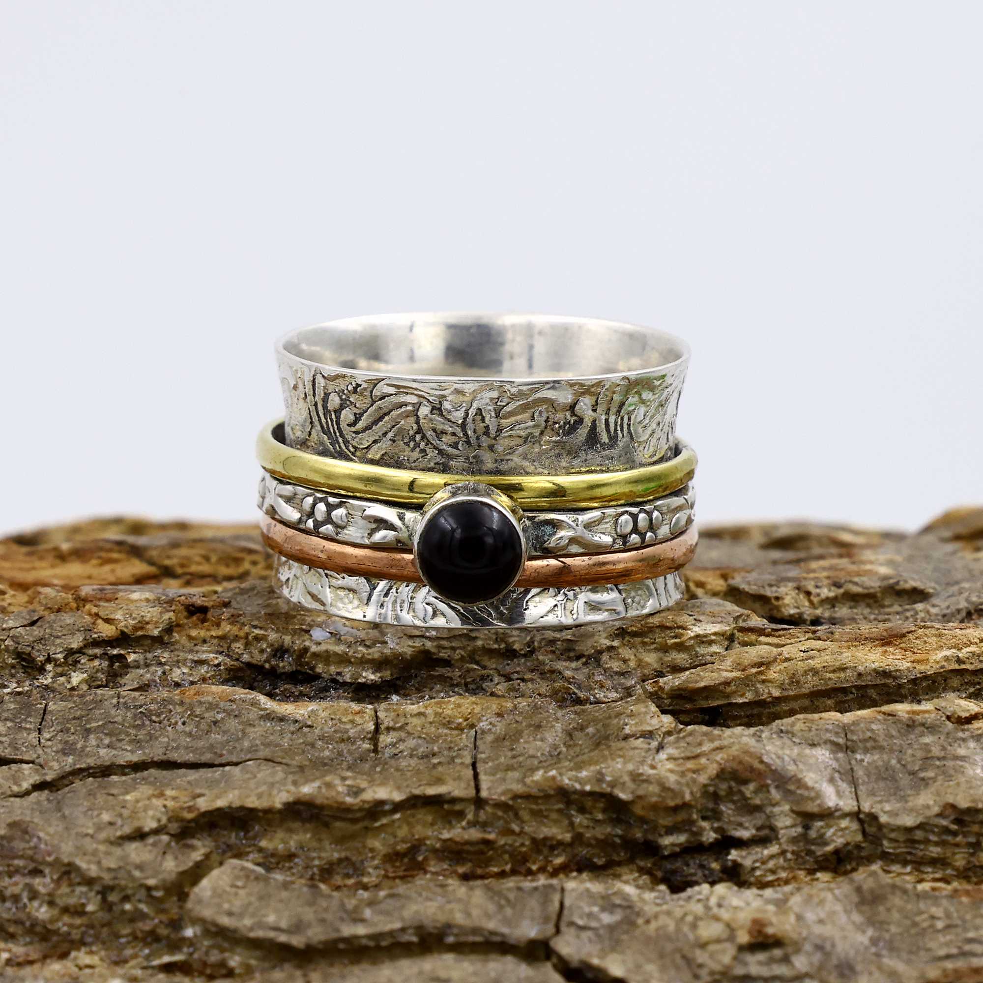 

Кольцо с черным ониксом, трехцветное кольцо, вращающееся кольцо, богемное кольцо, серебряные украшения, распродажа ко Дню труда, серебро 925 пробы 10