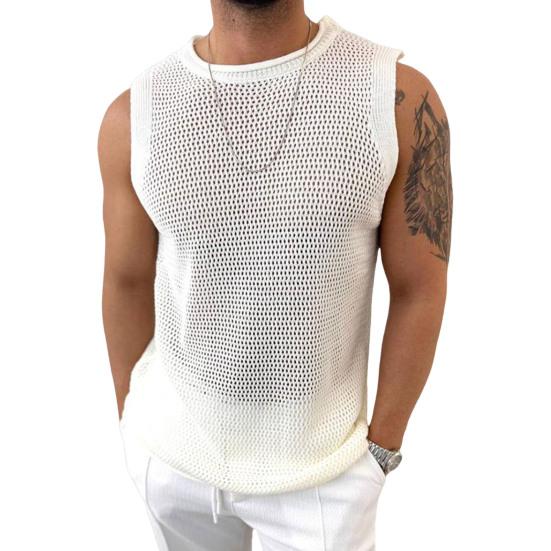 Мужской жилет с круглым вырезом без рукавов, летний дышащий жилет, однотонный, полый M белый