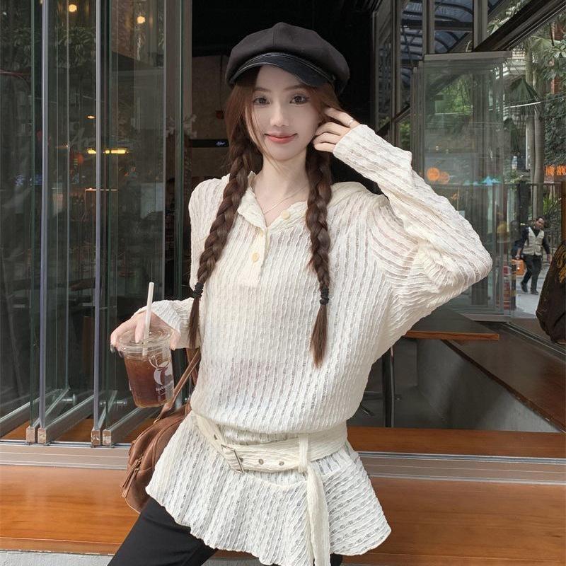 Korean Lace Ruffle Hooded Sweatshirt Dress - Sheer Long Sleeve, Spring 2026
