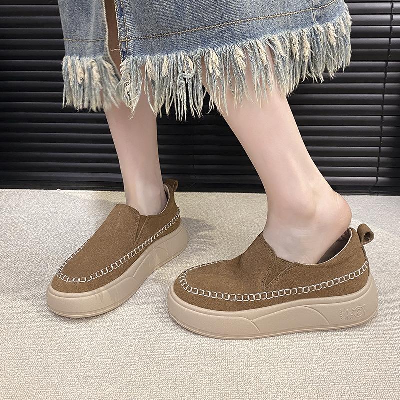 2025 autumn leather muffin shoes women's new fashion single shoes one-pedal loafers simple versatile platform lazy shoes