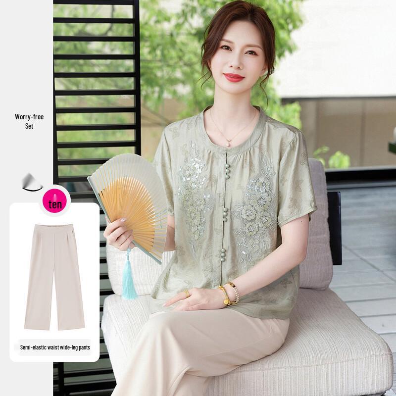 

Elegant Embroidered Pearl Button Top & Wide-Leg Pants Set XL
