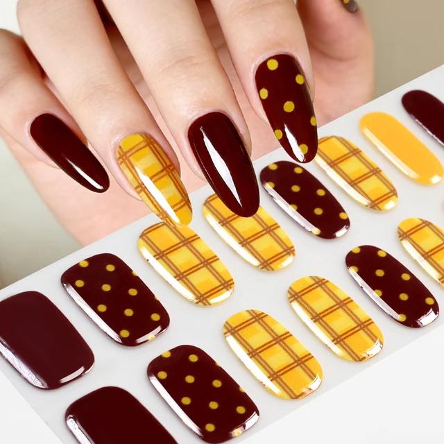 16 Tips Mini Flower Semi-Cured UV Gel French Style Dark Red Self Adhesive Nail Stickers Wraps
