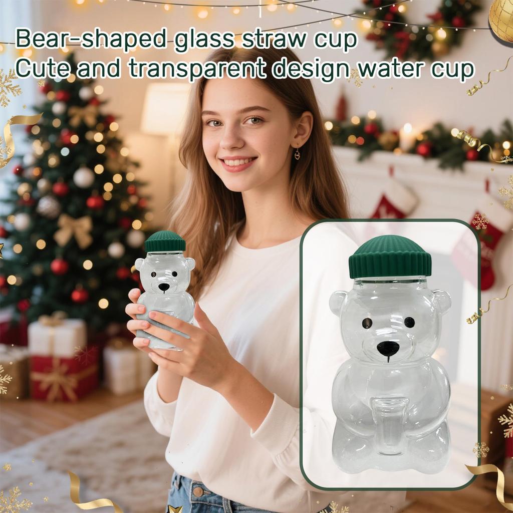 Bear-Shaped Straw Cup: Cute Transparent Design, Green Hat Water Cup