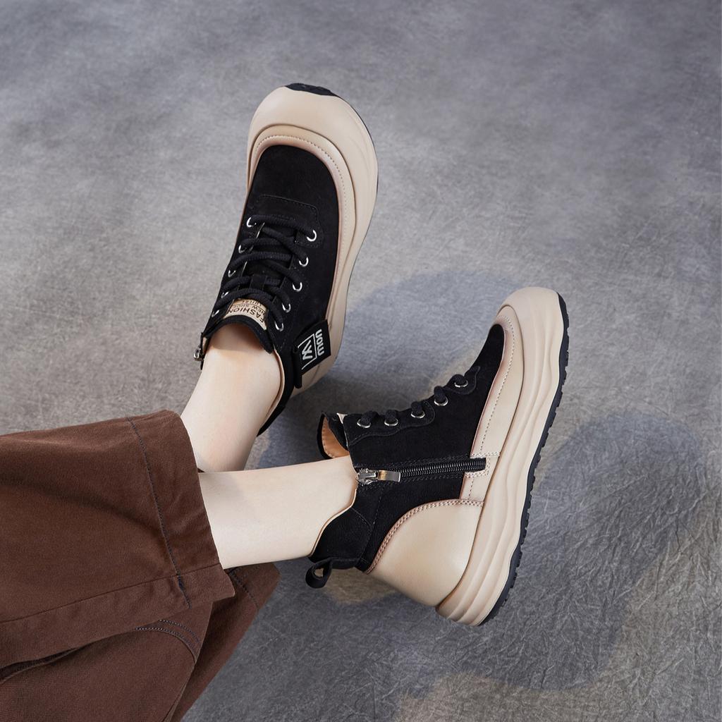 Genuine Leather Thick-soled Color-blocked Ankle Boots Lace-up Sports Casual Shoes High-top Fashion Sneakers