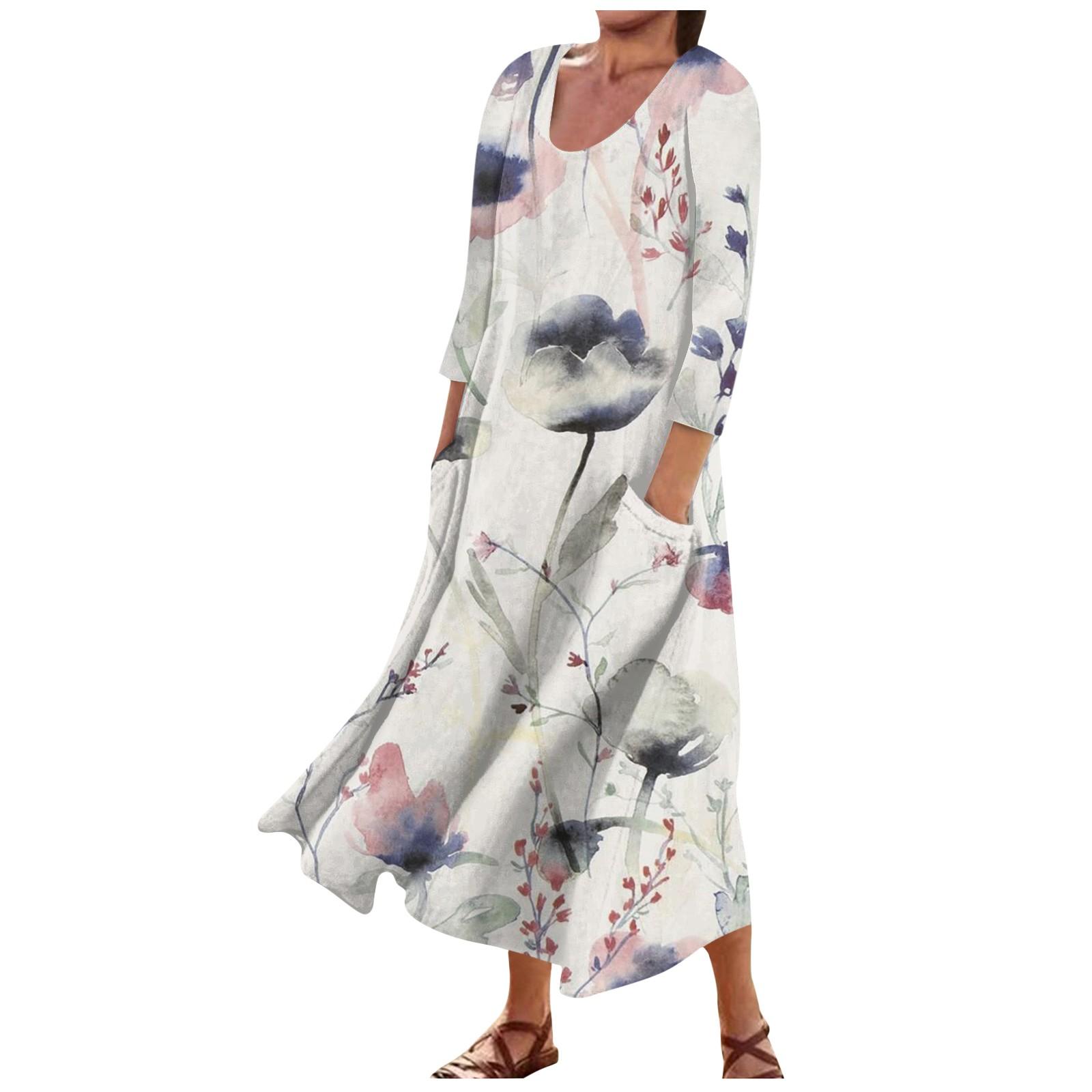 

Жіноча модна повсякденна сукня з круглим вирізом і 3/4 рукавами з вільними кишенями XXXXXL бежевий