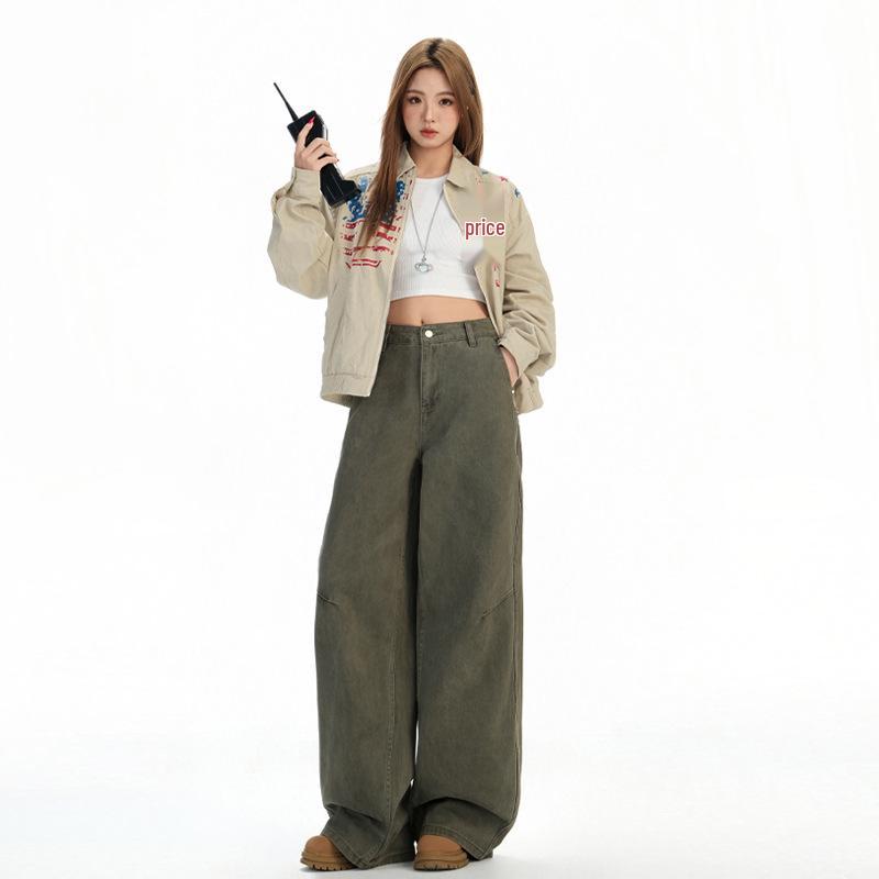 Women's Winter Brown Coffee Wide-Leg Jeans: Relaxed, Floor-Length, Slimming Fit