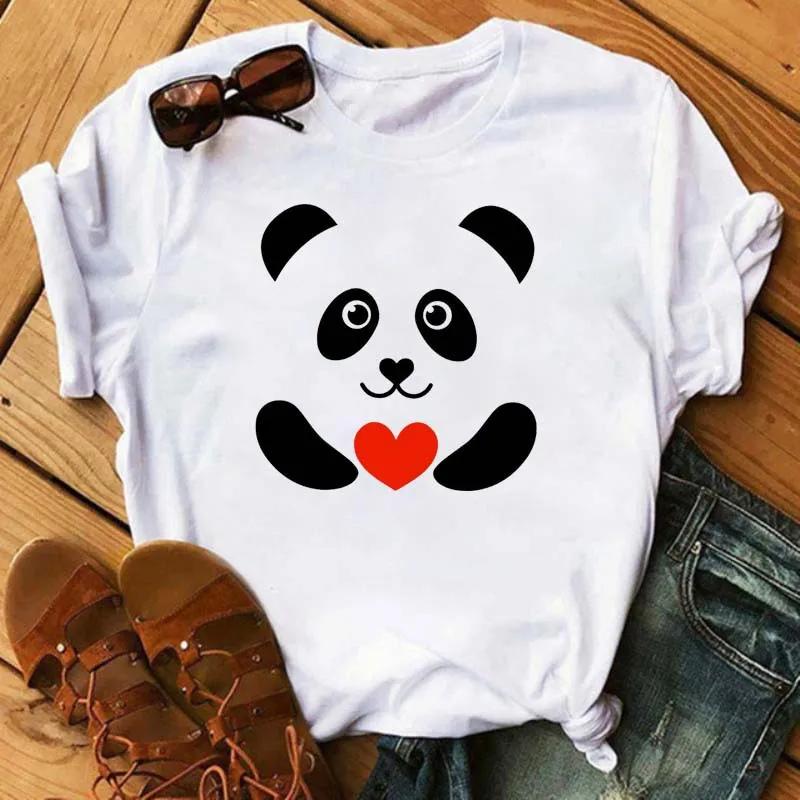 Cute Panda With Sunglasses Graphic Women T-Shirt Minimalist Black Line Animal Print Short Sleeve Casual Streetwear Tee
