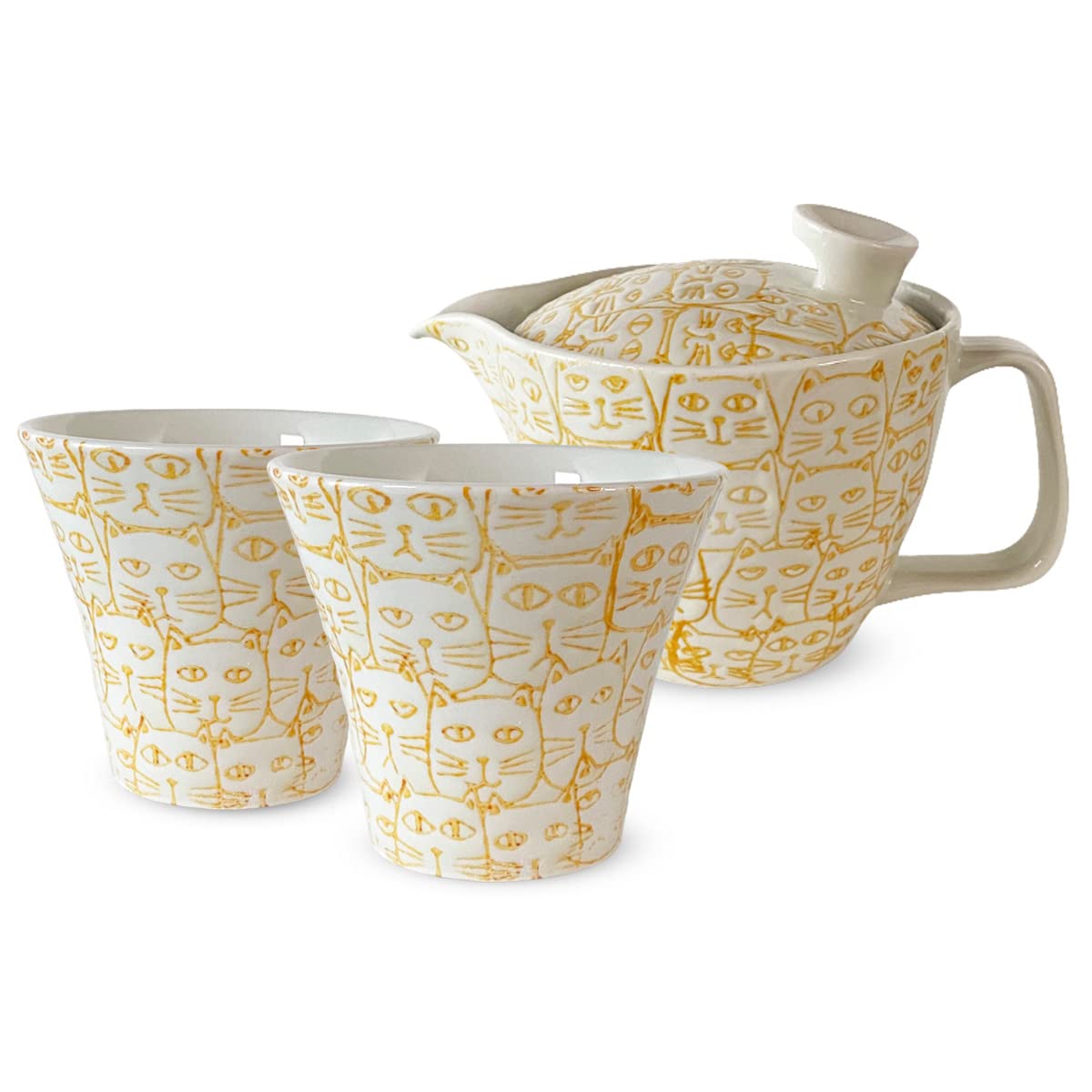 

240ml Teapot Pair of Teacups Hasami Made in Tea Strainer Cat Yellow J-kitchens & Set, Ware, Japan, 1-2 Person, Included, Water-Repellent Design,