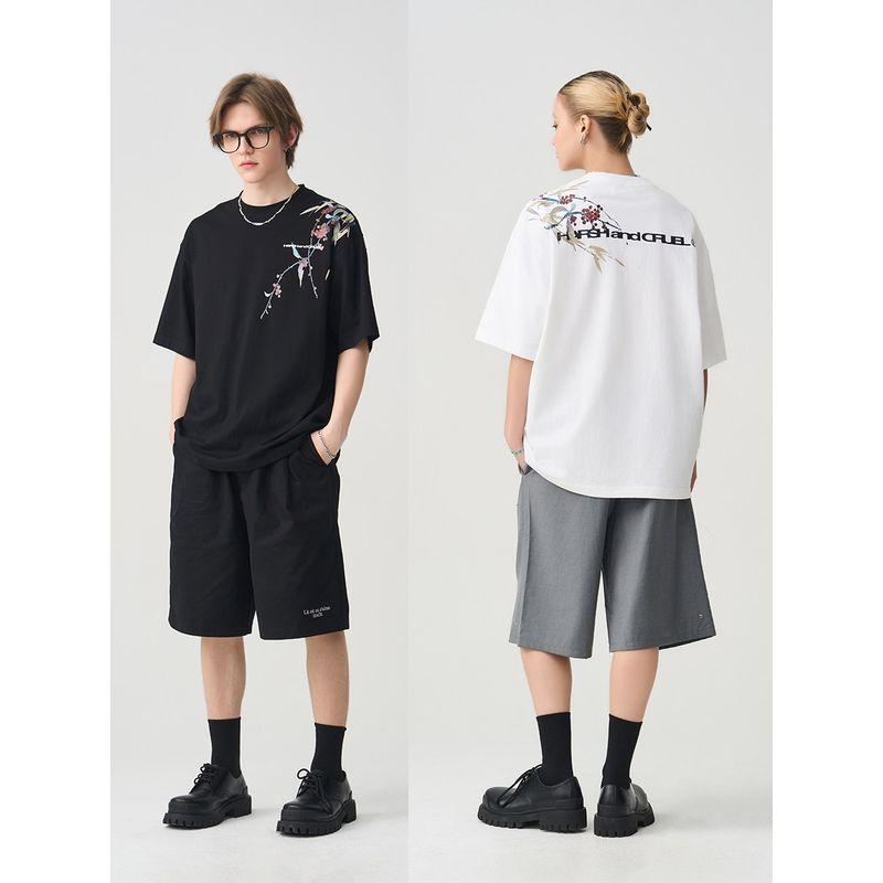 HACR's Harshandcruel New Chinese Style over-the-Shoulder Ink Painting Florals Print Short Sleeve T-shirt